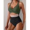 imageB2prity One Piece Swimsuit for Women Tummy Control V Neck Bathing Suit Color Block High Waisted Cutout SwimwearArmy Green and Black