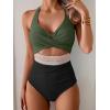 imageB2prity One Piece Swimsuit for Women Tummy Control V Neck Bathing Suit Color Block High Waisted Cutout SwimwearArmy Green and Black