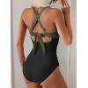 imageB2prity One Piece Swimsuit for Women Tummy Control V Neck Bathing Suit Color Block High Waisted Cutout SwimwearArmy Green and Black