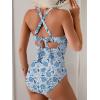 imageB2prity One Piece Swimsuit for Women Tummy Control V Neck Bathing Suit Color Block High Waisted Cutout SwimwearBlue White Floral