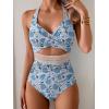 imageB2prity One Piece Swimsuit for Women Tummy Control V Neck Bathing Suit Color Block High Waisted Cutout SwimwearBlue White Floral