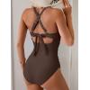 imageB2prity One Piece Swimsuit for Women Tummy Control V Neck Bathing Suit Color Block High Waisted Cutout SwimwearBrown