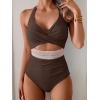 imageB2prity One Piece Swimsuit for Women Tummy Control V Neck Bathing Suit Color Block High Waisted Cutout SwimwearBrown