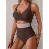 imageB2prity One Piece Swimsuit for Women Tummy Control V Neck Bathing Suit Color Block High Waisted Cutout SwimwearBrown