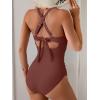 imageB2prity One Piece Swimsuit for Women Tummy Control V Neck Bathing Suit Color Block High Waisted Cutout SwimwearCaramel