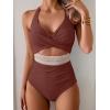 imageB2prity One Piece Swimsuit for Women Tummy Control V Neck Bathing Suit Color Block High Waisted Cutout SwimwearCaramel