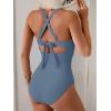 imageB2prity One Piece Swimsuit for Women Tummy Control V Neck Bathing Suit Color Block High Waisted Cutout SwimwearGray Blue