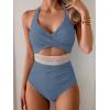 imageB2prity One Piece Swimsuit for Women Tummy Control V Neck Bathing Suit Color Block High Waisted Cutout SwimwearGray Blue