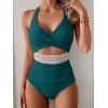 imageB2prity One Piece Swimsuit for Women Tummy Control V Neck Bathing Suit Color Block High Waisted Cutout SwimwearGreen