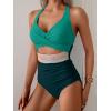 imageB2prity One Piece Swimsuit for Women Tummy Control V Neck Bathing Suit Color Block High Waisted Cutout SwimwearGreen and Dark Green