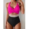 imageB2prity One Piece Swimsuit for Women Tummy Control V Neck Bathing Suit Color Block High Waisted Cutout SwimwearHot Pink and Black
