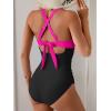 imageB2prity One Piece Swimsuit for Women Tummy Control V Neck Bathing Suit Color Block High Waisted Cutout SwimwearHot Pink and Black