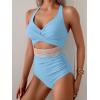 imageB2prity One Piece Swimsuit for Women Tummy Control V Neck Bathing Suit Color Block High Waisted Cutout SwimwearLight Blue
