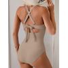 imageB2prity One Piece Swimsuit for Women Tummy Control V Neck Bathing Suit Color Block High Waisted Cutout SwimwearLight Brown