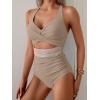 imageB2prity One Piece Swimsuit for Women Tummy Control V Neck Bathing Suit Color Block High Waisted Cutout SwimwearLight Brown