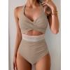 imageB2prity One Piece Swimsuit for Women Tummy Control V Neck Bathing Suit Color Block High Waisted Cutout SwimwearLight Brown