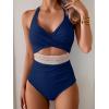 imageB2prity One Piece Swimsuit for Women Tummy Control V Neck Bathing Suit Color Block High Waisted Cutout SwimwearNavy Blue