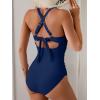 imageB2prity One Piece Swimsuit for Women Tummy Control V Neck Bathing Suit Color Block High Waisted Cutout SwimwearNavy Blue