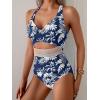 imageB2prity One Piece Swimsuit for Women Tummy Control V Neck Bathing Suit Color Block High Waisted Cutout SwimwearNavy Blue Leaf