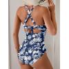 imageB2prity One Piece Swimsuit for Women Tummy Control V Neck Bathing Suit Color Block High Waisted Cutout SwimwearNavy Blue Leaf