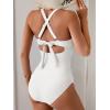 imageB2prity One Piece Swimsuit for Women Tummy Control V Neck Bathing Suit Color Block High Waisted Cutout SwimwearWhite