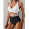 imageB2prity One Piece Swimsuit for Women Tummy Control V Neck Bathing Suit Color Block High Waisted Cutout SwimwearWhite and Black
