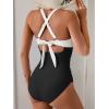 imageB2prity One Piece Swimsuit for Women Tummy Control V Neck Bathing Suit Color Block High Waisted Cutout SwimwearWhite and Black