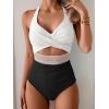 imageB2prity One Piece Swimsuit for Women Tummy Control V Neck Bathing Suit Color Block High Waisted Cutout SwimwearWhite and Black