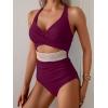 imageB2prity One Piece Swimsuit for Women Tummy Control V Neck Bathing Suit Color Block High Waisted Cutout SwimwearWine Red