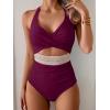 imageB2prity One Piece Swimsuit for Women Tummy Control V Neck Bathing Suit Color Block High Waisted Cutout SwimwearWine Red