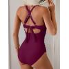 imageB2prity One Piece Swimsuit for Women Tummy Control V Neck Bathing Suit Color Block High Waisted Cutout SwimwearWine Red