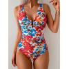 imageB2prity One Piece Swimsuit for Women Tummy Control V Neck Bathing Suit Ruched Slimming Swim Suit Push Up SwimwearRed Floral Print