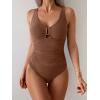 imageB2prity One Piece Swimsuit for Women Tummy Control V Neck Bathing Suit Slimming Ruched Swim Suit Cutout SwimwearBrown