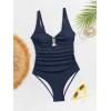 imageB2prity One Piece Swimsuit for Women Tummy Control V Neck Bathing Suit Slimming Ruched Swim Suit Cutout SwimwearDark Blue Ribbed