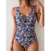 imageB2prity One Piece Swimsuit for Women Tummy Control V Neck Bathing Suit Slimming Ruched Swim Suit Cutout SwimwearNavy Blue Brown Print