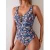 imageB2prity One Piece Swimsuit for Women Tummy Control V Neck Bathing Suit Slimming Ruched Swim Suit Cutout SwimwearNavy Blue Brown Print