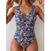 imageB2prity One Piece Swimsuit for Women Tummy Control V Neck Bathing Suit Slimming Ruched Swim Suit Cutout SwimwearNavy Blue Brown Print