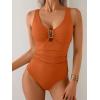 imageB2prity One Piece Swimsuit for Women Tummy Control V Neck Bathing Suit Slimming Ruched Swim Suit Cutout SwimwearOrange Ribbed