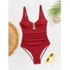 imageB2prity One Piece Swimsuit for Women Tummy Control V Neck Bathing Suit Slimming Ruched Swim Suit Cutout SwimwearRibbedred