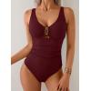 imageB2prity One Piece Swimsuit for Women Tummy Control V Neck Bathing Suit Slimming Ruched Swim Suit Cutout SwimwearRibbedwine Red