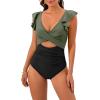 imageB2prity Womens One Piece Swimsuit Ruffle Cutout Bathing Suits Slimming Tummy Control V Neck Wrap SwimwearArmy Green Black