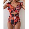 imageB2prity Womens One Piece Swimsuit Ruffle Cutout Bathing Suits Slimming Tummy Control V Neck Wrap SwimwearBlack Red Floral