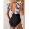 imageB2prity Womens One Piece Swimsuit Ruffle Cutout Bathing Suits Slimming Tummy Control V Neck Wrap SwimwearBlack White Stripe