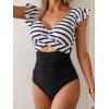 imageB2prity Womens One Piece Swimsuit Ruffle Cutout Bathing Suits Slimming Tummy Control V Neck Wrap SwimwearBlack White Stripe
