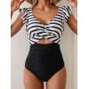 imageB2prity Womens One Piece Swimsuit Ruffle Cutout Bathing Suits Slimming Tummy Control V Neck Wrap SwimwearBlack White Stripe