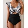 imageB2prity Womens One Piece Swimsuit Ruffle Cutout Bathing Suits Slimming Tummy Control V Neck Wrap SwimwearBlack White Stripe