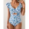 imageB2prity Womens One Piece Swimsuit Ruffle Cutout Bathing Suits Slimming Tummy Control V Neck Wrap SwimwearBlue White Floral