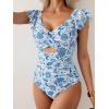 imageB2prity Womens One Piece Swimsuit Ruffle Cutout Bathing Suits Slimming Tummy Control V Neck Wrap SwimwearBlue White Floral