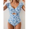 imageB2prity Womens One Piece Swimsuit Ruffle Cutout Bathing Suits Slimming Tummy Control V Neck Wrap SwimwearBlue White Floral