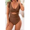 imageB2prity Womens One Piece Swimsuit Ruffle Cutout Bathing Suits Slimming Tummy Control V Neck Wrap SwimwearBrown